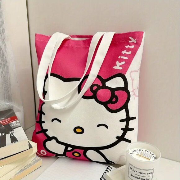Handbags - Sanrio Hello Kitty Canvas Tote Bag, Large Capacity Shoulder Handbag w/Fix Straps